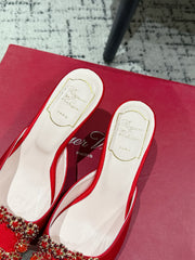 ROGER VIVIER 25S EFFLORESCENCE MULES 65MM IN BRIGHT RED SATIN EMBELLISHED CRYSTALS