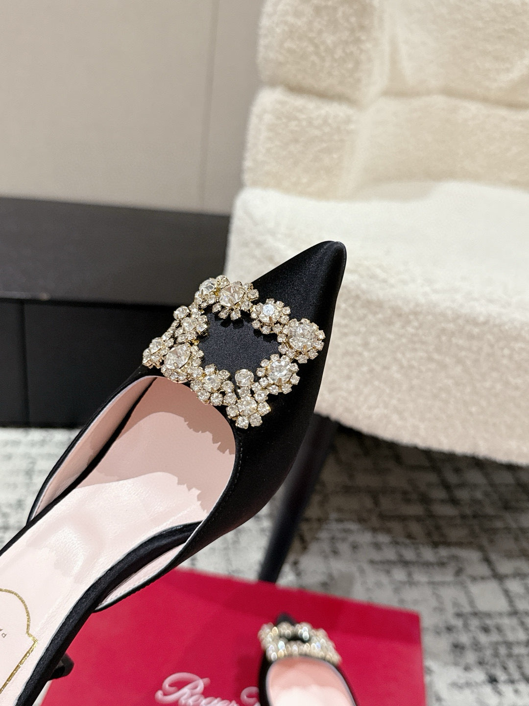 ROGER VIVIER 25S EFFLORESCENCE MULES 65MM IN BLACK SATIN EMBELLISHED CRYSTALS