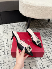ROGER VIVIER 25S EFFLORESCENCE MULES 65MM IN BLACK SATIN EMBELLISHED CRYSTALS