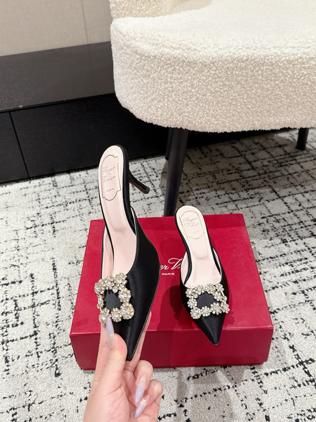 ROGER VIVIER 25S EFFLORESCENCE MULES 65MM IN BLACK SATIN EMBELLISHED CRYSTALS