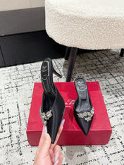 ROGER VIVIER 25S POINTED TOE HEELED MULES 65MM IN BLACK SATIN EMBELLISHED CRYSTALS