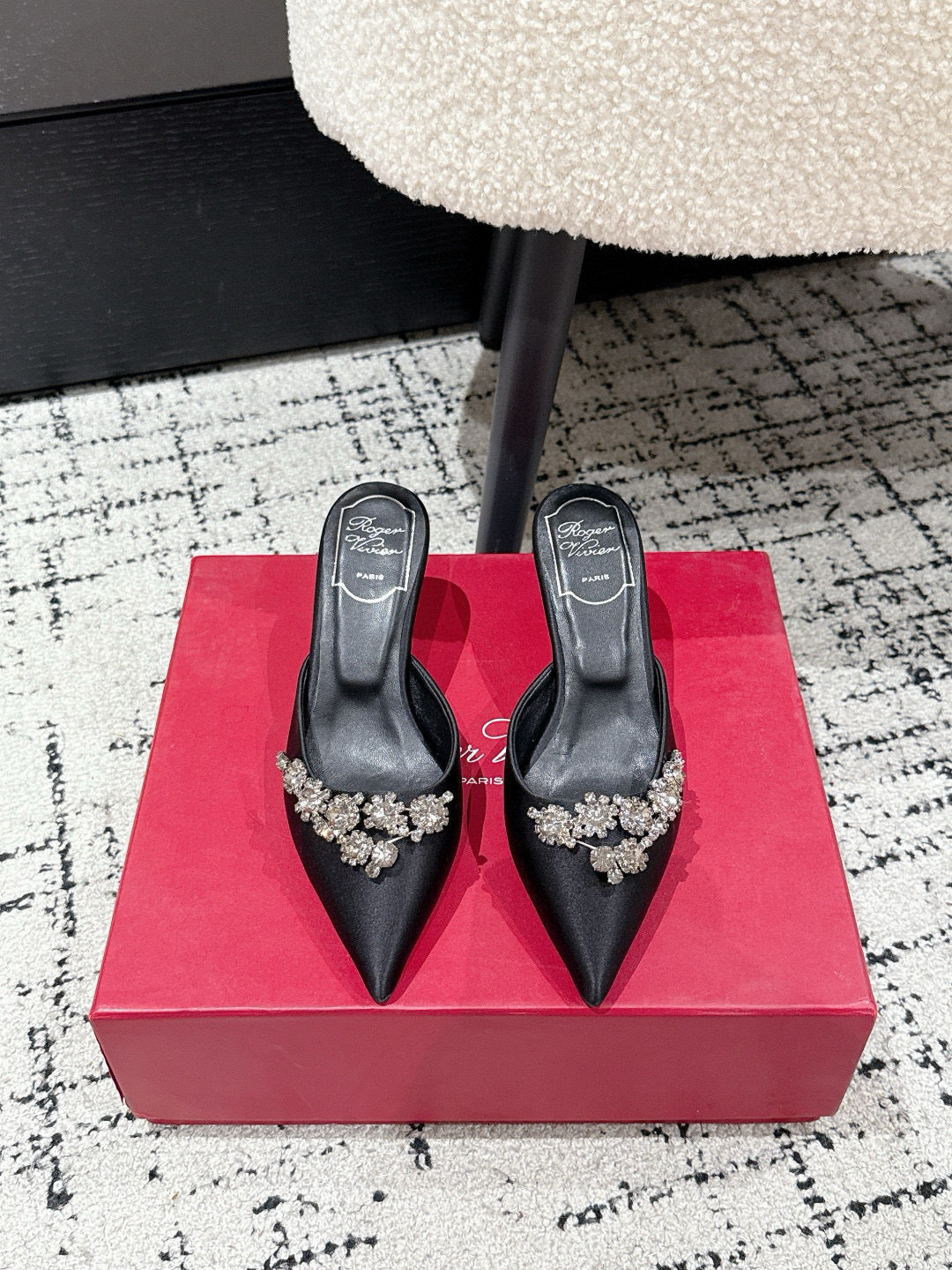 ROGER VIVIER 25S POINTED TOE HEELED MULES 65MM IN BLACK SATIN EMBELLISHED CRYSTALS