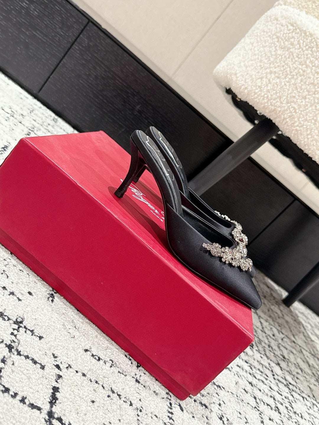 ROGER VIVIER 25S POINTED TOE HEELED MULES 65MM IN BLACK SATIN EMBELLISHED CRYSTALS