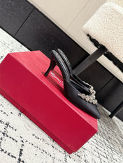 ROGER VIVIER 25S POINTED TOE HEELED MULES 65MM IN BLACK SATIN EMBELLISHED CRYSTALS