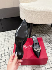 ROGER VIVIER 25S POINTED TOE HEELED MULES 65MM IN BLACK SATIN EMBELLISHED CRYSTALS