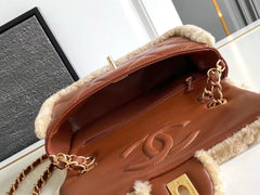 MEDIUM FLAP BAG 23 IN BEIGE WOOL AND GINGER ORANGE CALFSKIN GOLD HARDWARE