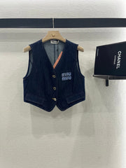 MIUMIU V-NECK BLAZER AND WIDE-LEG PANTS IN BLUE DENIM