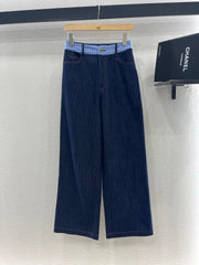 MIUMIU V-NECK BLAZER AND WIDE-LEG PANTS IN BLUE DENIM