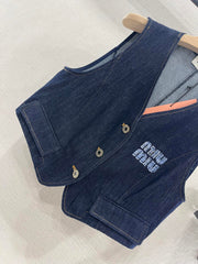 MIUMIU V-NECK BLAZER AND WIDE-LEG PANTS IN BLUE DENIM