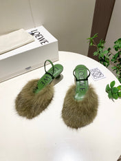 LOEWE 26S OPEN-BACK HIGH HEELS 60MM IN GREEN CALFSKIN WITH FUR