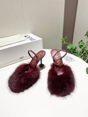 LOEWE 26S OPEN-BACK HIGH HEELS 100MM IN WINE RED CALFSKIN WITH FUR