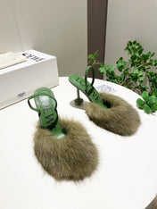 LOEWE 26S OPEN-BACK HIGH HEELS 100MM IN GREEN CALFSKIN WITH FUR