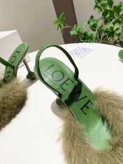 LOEWE 26S OPEN-BACK HIGH HEELS 100MM IN GREEN CALFSKIN WITH FUR