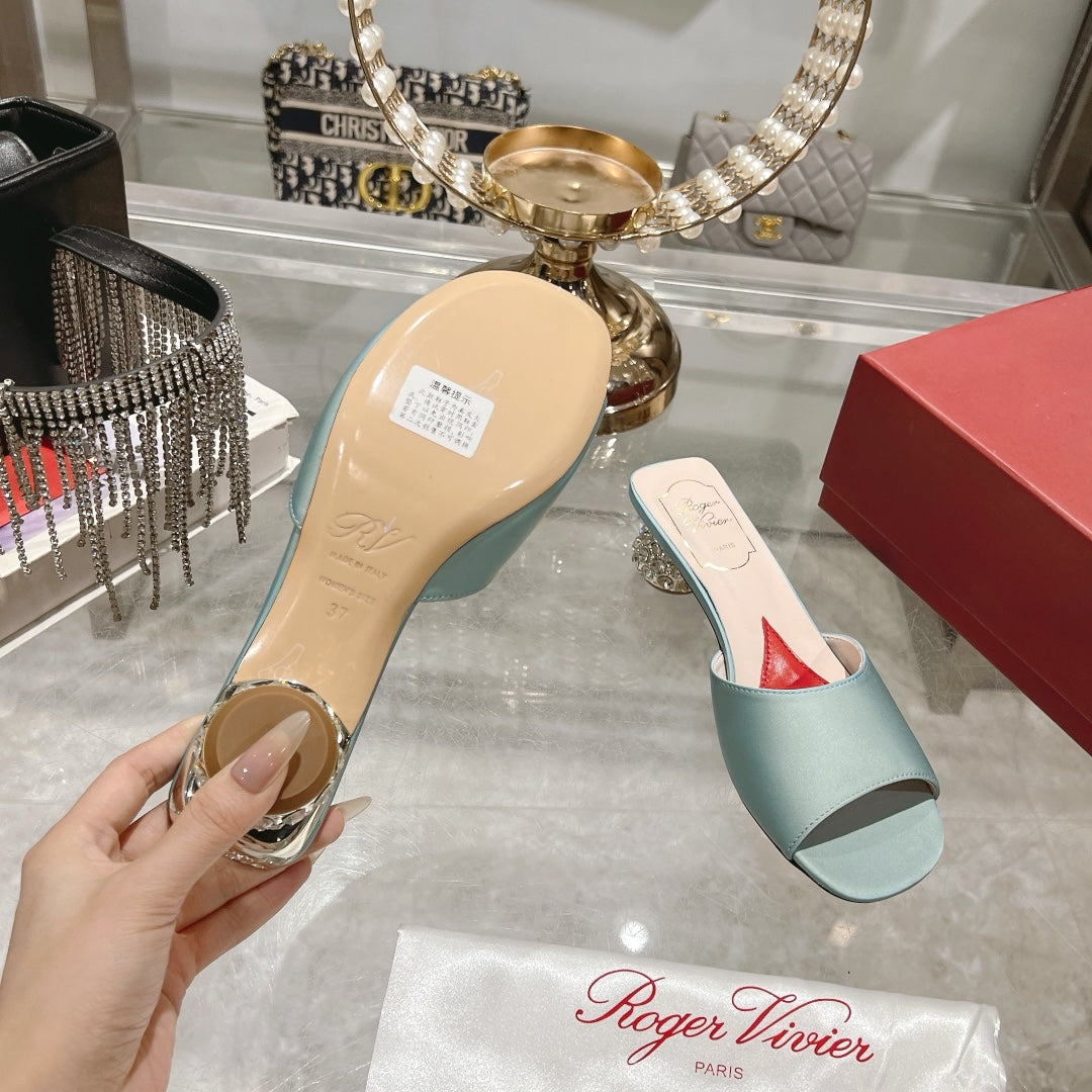 CRYSTAL HEEL MULE IN LIGHT BLUE-GREEN SILK