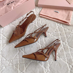 Slingback Ash Brown Leather With Stylized Cross Straps - Mid Heels