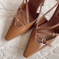 Slingback Ash Brown Leather With Stylized Cross Straps - High heels