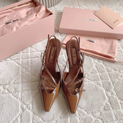 Slingback Ash Brown Leather With Stylized Cross Straps - High heels