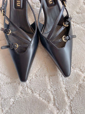 Slingback Black Leather With Stylized Cross Straps - Mid Heels