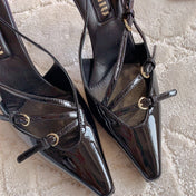 Slingback Black Leather With Stylized Cross Straps - High heels