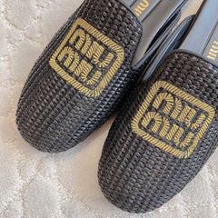 MULES SLIPPERS BLACK STRAW WOVEN