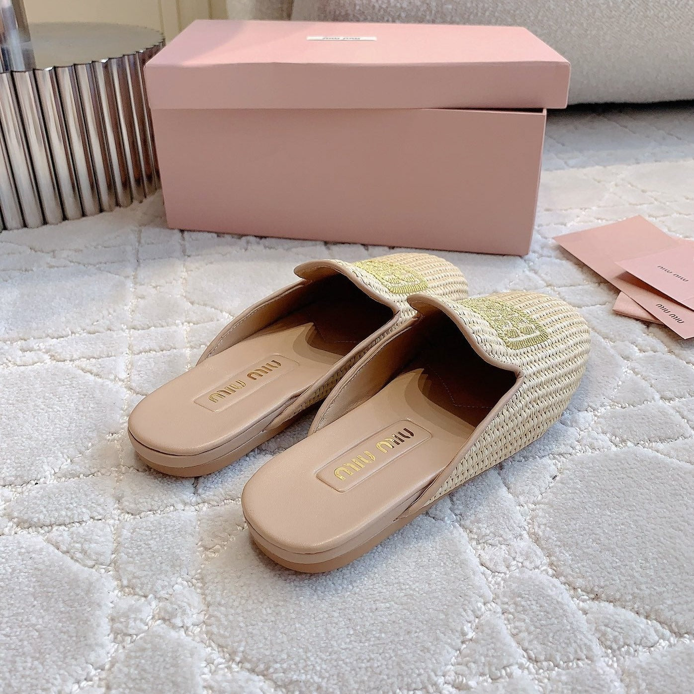 MULES SLIPPERS BEIGE COLOR STRAW WOVEN