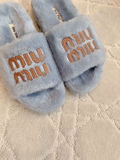 RABBIT FUR SLIPPERS RHINO GRAY WITH EMBROIDED LOGO