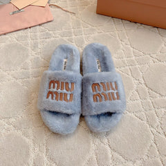 RABBIT FUR SLIPPERS RHINO GRAY WITH EMBROIDED LOGO