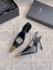 HIGH HEEL 10 CM SLINGBACK IN BLACK CALFSKIN WITH GOLD HARDWARE