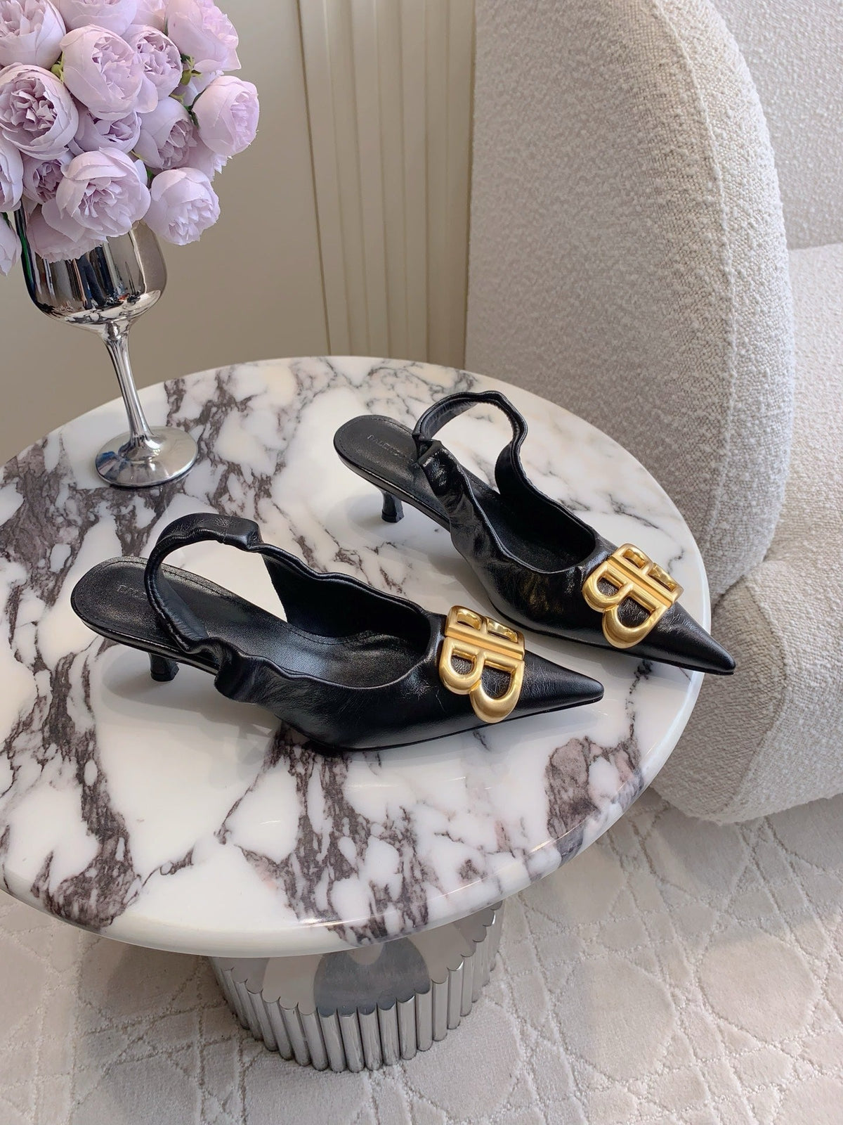 BALENCIAGA 25S HIGH SLINGBACK 35 MM IN BLACK LAMBSKIN WITH GOLD HARDWARE