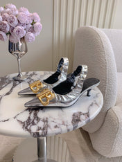 BALENCIAGA 25S HIGH SLINGBACK 35 MM IN SILVER LAMBSKIN WITH GOLD HARDWARE