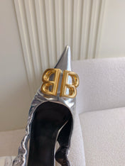 BALENCIAGA 25S HIGH SLINGBACK 35 MM IN SILVER LAMBSKIN WITH GOLD HARDWARE