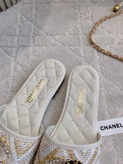 FLAT SANDALS LOGO STONE AND CHAIN IN WHITE LAMBSKIN WITH RAFFIA