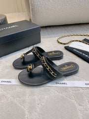 CC THONG SLIPPERS IN BLACK LAMBSKIN MIX CHAIN