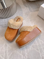CELINE 25S DANA WEDGE MULE 70MM IN BURNT ORANGE SUEDE CALFSKIN AND SHEARLING