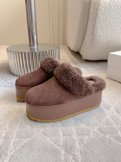CELINE 25S DANA WEDGE MULE 70MM IN DARK BROWN SUEDE CALFSKIN AND SHEARLING