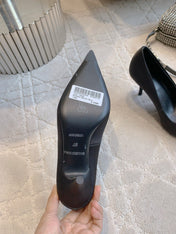 BALENCIAGA 25S POINTED-TOE HIGH HEELS 70 MM IN BLACK SATIN WITH GOLD HARDWARE