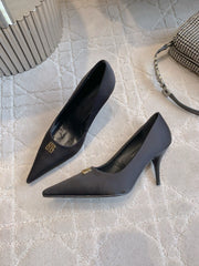 BALENCIAGA 25S POINTED-TOE HIGH HEELS 70 MM IN BLACK SATIN WITH GOLD HARDWARE