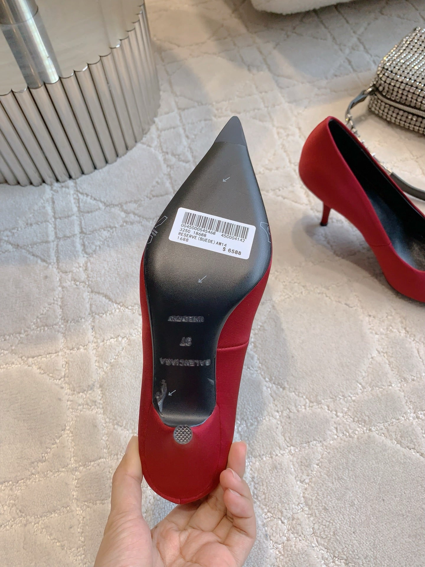 BALENCIAGA 25S POINTED-TOE HIGH HEELS 70 MM IN RED SATIN WITH GOLD HARDWARE