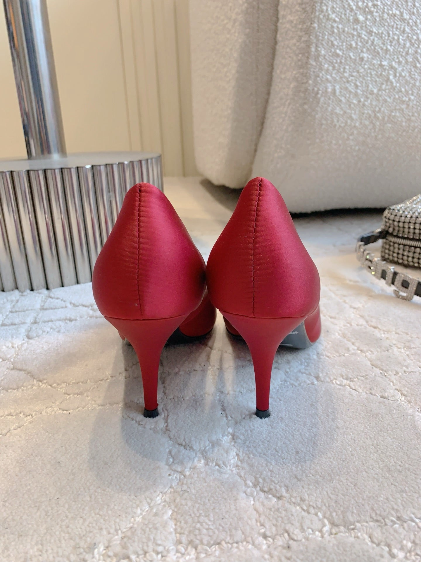 BALENCIAGA 25S POINTED-TOE HIGH HEELS 70 MM IN RED SATIN WITH GOLD HARDWARE