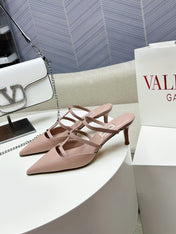 ROCKSTUD WISPY CREPE PINK CALFSKIN MULE 60MM