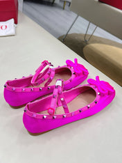VALEN GARAVANI ROCKSTUD BALLERINAS IN HOT PINK SATIN