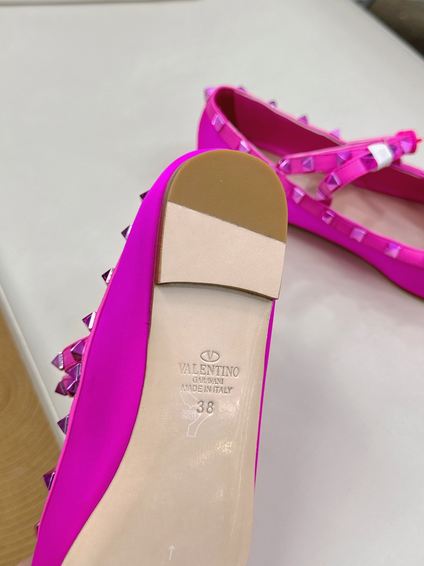 VALEN GARAVANI ROCKSTUD BALLERINAS IN HOT PINK SATIN