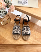 Loew Anagram Black White Beige Leather And Canvas Espadrille Sandals