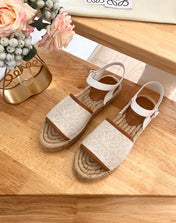 Loew Anagram White Tan Beige Leather And Canvas Espadrille Sandals