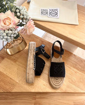 Loew Anagram Black Beige Leather And Canvas Espadrille Sandals