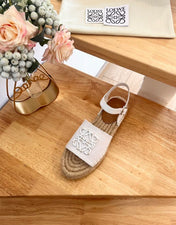 Loew Anagram White Beige Leather And Canvas Espadrille Sandals