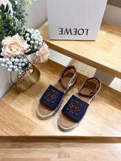 Loew Anagram Denim Brown Leather And Canvas Espadrille Sandals