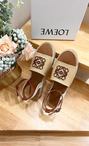 Loew Anagram Beige Brown Leather And Canvas Espadrille Sandals