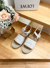 Loew Anagram White logo White Brown Leather And Canvas Espadrille Sandals