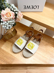 Loew Anagram Yellow logo White Brown Leather And Canvas Espadrille Sandals